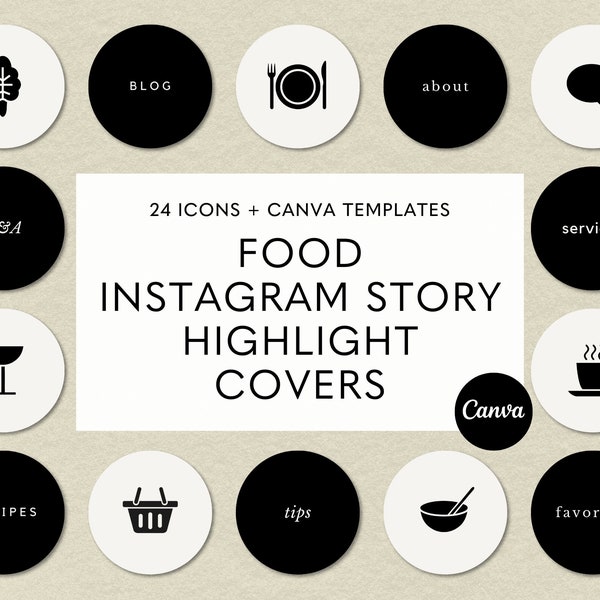 24 Food Instagram Story Highlight Icons, Highlight Covers, Instagram Recipe, Food Blogger Posts, Instagram Stories, Editable Canva Icons