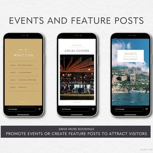 Pode incluir: Tr&ecirc;s ecr&atilde;s de smartphone a mostrar exemplos de publica&ccedil;&otilde;es nas redes sociais para um neg&oacute;cio. O primeiro ecr&atilde; mostra um fundo dourado com o texto "What's On" e uma lista de eventos. O segundo ecr&atilde; mostra uma fotografia de um bar com o texto "Local Cuisine". O terceiro ecr&atilde; mostra uma fotografia de uma paisagem costeira com o texto "Jaunts" e "Julho & Agosto".