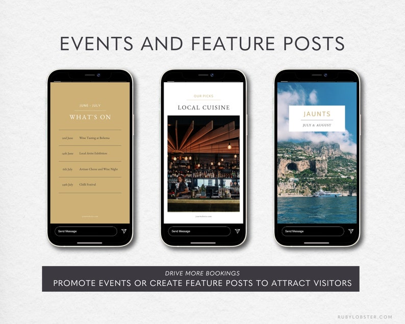 Pode incluir: Tr&ecirc;s ecr&atilde;s de smartphone a mostrar exemplos de publica&ccedil;&otilde;es nas redes sociais para um neg&oacute;cio. O primeiro ecr&atilde; mostra um fundo dourado com o texto "What's On" e uma lista de eventos. O segundo ecr&atilde; mostra uma fotografia de um bar com o texto "Local Cuisine". O terceiro ecr&atilde; mostra uma fotografia de uma paisagem costeira com o texto "Jaunts" e "Julho & Agosto".