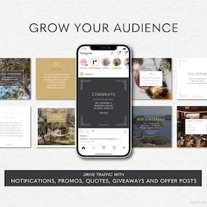 Op de afbeelding: Een collage van negen Instagram-berichten die een hotel of resort promoten. De berichten bevatten afbeeldingen van de faciliteiten van het hotel, waaronder een zwembad, een restaurant en een bar. De berichten bevatten ook tekst die reclame maakt voor speciale aanbiedingen en evenementen. De tekst op de berichten bevat "Grow Your Audience", "Daily Reminder", "Congrats", "VIP Offer", "Win a Weekend", "Don't Forget", "It's so beautiful here", "Know Wine Tasting", "La Bohema", "Get a complimentary night stay", "For a chance of winning", "Book a weekend break", "Staying with us", "#hashtag", "This is our third time", "Every time we come here", "Manos and Lalia offer", "an exceptionally beautiful place", "for you to relax and recharge", "Welcome! Check what's new", "and happening", "Drive Traffic with", "Notifications, Promos, Quotes, Giveaways and Offer Posts", "Rubylobster.com".