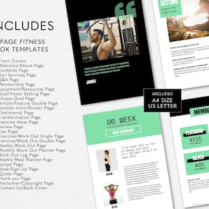 K&ouml;nnte beinhalten: Ein gr&uuml;nes und schwarzes digitales Download-Produkt f&uuml;r eine Fitness-Buchvorlage. Das Cover enth&auml;lt ein Foto eines Mannes, der Gewichte hebt. Der Text auf dem Cover lautet "Enth&auml;lt 42 Fitness-Buchvorlagen". Der Text auf den Innenseiten enth&auml;lt eine Liste der in der Vorlage enthaltenen Seiten, wie z. B. "Willkommen/&Uuml;ber-Seite", "Inhaltsverzeichnis", "Unsere Dienstleistungen", "Fragen und Antworten", "Mitgliedschaft", "Ausr&uuml;stung/Ressourcen", "Zielsetzung/Vision", "Fitness-Ziel", "Doppelte Artikel/Feature-Seite", "Einf&uuml;hrungs-/Trennungsseite des Abschnitts", "Testimonial-Seite", "Transformationsseite", "&Uuml;bungsideen", "&Uuml;berpr&uuml;fungsseite", "Tipps", "Einzelne &Uuml;bung/Trainingseinheit", "Doppelte &Uuml;bung/Trainingseinheit", "W&ouml;chentliche &Uuml;bung", "Monatlicher &Uuml;bungsplaner", "&Uuml;bungslogbuch", "W&ouml;chentlicher Ern&auml;hrungsplaner", "Rezeptseite", "Anmelde-/Anmeldeformular", "Zitatseite", "Dankesch&ouml;n", "Haftungsausschluss/Urheberrecht", "Kontakt".