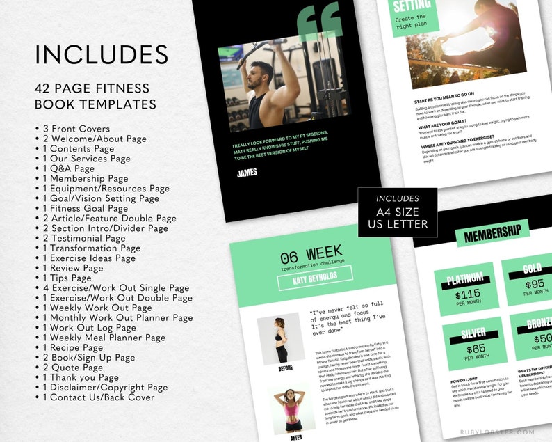 K&ouml;nnte beinhalten: Ein gr&uuml;nes und schwarzes digitales Download-Produkt f&uuml;r eine Fitness-Buchvorlage. Das Cover enth&auml;lt ein Foto eines Mannes, der Gewichte hebt. Der Text auf dem Cover lautet "Enth&auml;lt 42 Fitness-Buchvorlagen". Der Text auf den Innenseiten enth&auml;lt eine Liste der in der Vorlage enthaltenen Seiten, wie z. B. "Willkommen/&Uuml;ber-Seite", "Inhaltsverzeichnis", "Unsere Dienstleistungen", "Fragen und Antworten", "Mitgliedschaft", "Ausr&uuml;stung/Ressourcen", "Zielsetzung/Vision", "Fitness-Ziel", "Doppelte Artikel/Feature-Seite", "Einf&uuml;hrungs-/Trennungsseite des Abschnitts", "Testimonial-Seite", "Transformationsseite", "&Uuml;bungsideen", "&Uuml;berpr&uuml;fungsseite", "Tipps", "Einzelne &Uuml;bung/Trainingseinheit", "Doppelte &Uuml;bung/Trainingseinheit", "W&ouml;chentliche &Uuml;bung", "Monatlicher &Uuml;bungsplaner", "&Uuml;bungslogbuch", "W&ouml;chentlicher Ern&auml;hrungsplaner", "Rezeptseite", "Anmelde-/Anmeldeformular", "Zitatseite", "Dankesch&ouml;n", "Haftungsausschluss/Urheberrecht", "Kontakt".