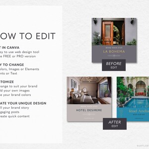 Op de afbeelding: Een grafiek die laat zien hoe je een social media-post voor een hotel kunt bewerken met Canva. De grafiek toont een voor- en na-afbeelding van een hotelkamer. De voor-afbeelding is een standaard hotelkamer met een bed, een commode en een raam. De na-afbeelding is een meer gestileerde afbeelding met een bed, een commode en een raam. De grafiek bevat ook tekst die uitlegt hoe je de afbeelding kunt bewerken met Canva.