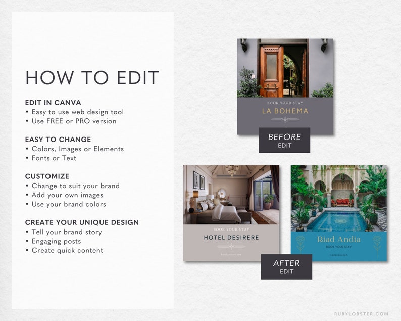 Op de afbeelding: Een grafiek die laat zien hoe je een social media-post voor een hotel kunt bewerken met Canva. De grafiek toont een voor- en na-afbeelding van een hotelkamer. De voor-afbeelding is een standaard hotelkamer met een bed, een commode en een raam. De na-afbeelding is een meer gestileerde afbeelding met een bed, een commode en een raam. De grafiek bevat ook tekst die uitlegt hoe je de afbeelding kunt bewerken met Canva.