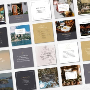 Op de afbeelding: Een collage van 16 Instagram-achtige afbeeldingen die een hotel of resort genaamd "La Bohema" promoten. De afbeeldingen tonen verschillende sc&egrave;nes, waaronder de buitenkant, het interieur en de voorzieningen van het hotel, evenals de omgeving. De afbeeldingen zijn allemaal in een vergelijkbare stijl, met een rustieke, vintage esthetiek. De tekst op de afbeeldingen bevat de naam van het hotel, de website en de social media-handvatten.