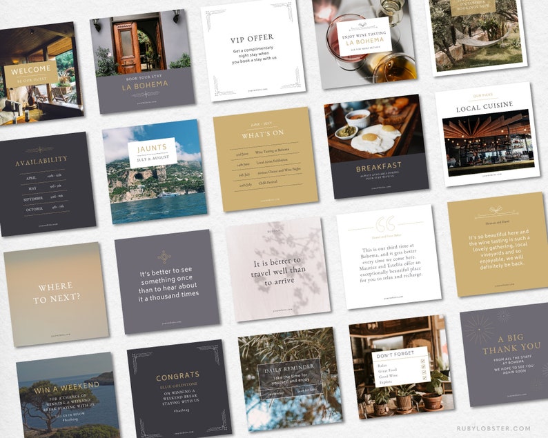 Op de afbeelding: Een collage van 16 Instagram-achtige afbeeldingen die een hotel of resort genaamd "La Bohema" promoten. De afbeeldingen tonen verschillende sc&egrave;nes, waaronder de buitenkant, het interieur en de voorzieningen van het hotel, evenals de omgeving. De afbeeldingen zijn allemaal in een vergelijkbare stijl, met een rustieke, vintage esthetiek. De tekst op de afbeeldingen bevat de naam van het hotel, de website en de social media-handvatten.