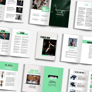 K&ouml;nnte beinhalten: Ein Fitness-Leitfaden mit einem gr&uuml;n-schwarzen Farbschema. Der Leitfaden enth&auml;lt Informationen zu Gewichtheben, Springseilen, Core-&Uuml;bungen und virtuellen Kursen. Das Cover zeigt den Text "Fitness Now".