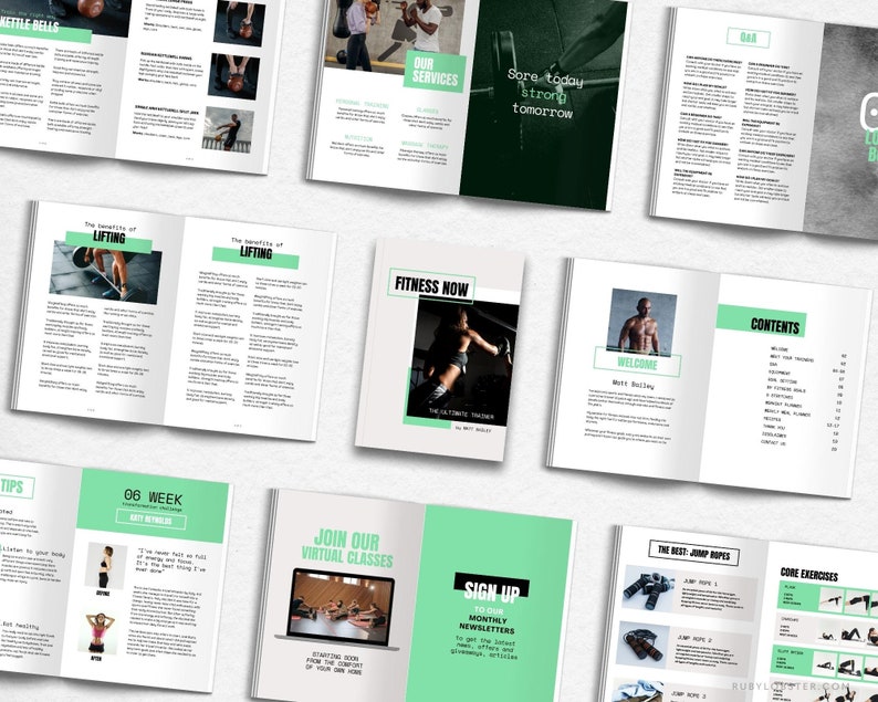 K&ouml;nnte beinhalten: Ein Fitness-Leitfaden mit einem gr&uuml;n-schwarzen Farbschema. Der Leitfaden enth&auml;lt Informationen zu Gewichtheben, Springseilen, Core-&Uuml;bungen und virtuellen Kursen. Das Cover zeigt den Text "Fitness Now".