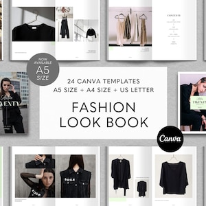 May include: A mockup of a fashion lookbook with 24 Canva templates in A5, A4, and US Letter sizes. The cover features a woman wearing a black blazer and trousers. The text "Collection Twenty" is visible on the cover.