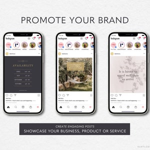 Op de afbeelding: Drie Instagram-postmockups die verschillende manieren laten zien om een merk te promoten. De eerste post heeft een zwart en gouden ontwerp met het woord "Beschikbaarheid" en een lijst met maanden. De tweede post heeft een foto van een hangmat in een tuin met de tekst "Het internet zit vol met werkende moeders". De derde post heeft een foto van een boom met de tekst "Het is beter om goed te reizen dan aan te komen".