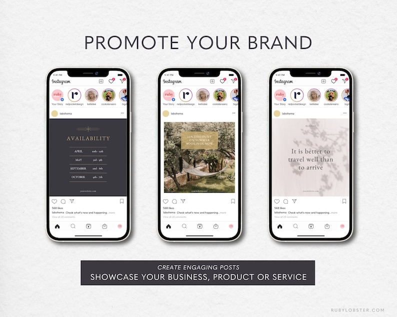 Op de afbeelding: Drie Instagram-postmockups die verschillende manieren laten zien om een merk te promoten. De eerste post heeft een zwart en gouden ontwerp met het woord "Beschikbaarheid" en een lijst met maanden. De tweede post heeft een foto van een hangmat in een tuin met de tekst "Het internet zit vol met werkende moeders". De derde post heeft een foto van een boom met de tekst "Het is beter om goed te reizen dan aan te komen".