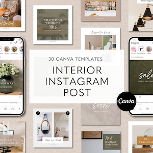 May include: 30 Canva templates for interior design Instagram posts. The templates feature a variety of styles, including minimalist, modern, and traditional. Some of the templates include text overlays, such as "sale", "giveaway", and "what's your wishlist?"