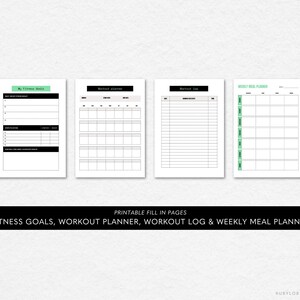 K&ouml;nnte beinhalten: Druckbare Fitness-Planerseiten mit schwarzem und wei&szlig;em Text und einem gr&uuml;nen Akzent. Die Seiten beinhalten Abschnitte f&uuml;r Fitnessziele, Trainingsplaner, Trainingsprotokoll und w&ouml;chentlichen Ern&auml;hrungsplan.