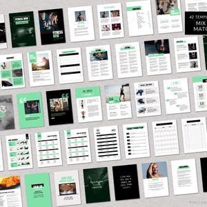 K&ouml;nnte beinhalten: Eine Sammlung von 42 druckbaren Fitness-Vorlagen in Schwarz, Wei&szlig; und Gr&uuml;n. Die Vorlagen umfassen eine Vielzahl von Designs, wie z. B. Trainingspl&auml;ne, Ern&auml;hrungspl&auml;ne und Fitness-Tracker. Der Text "42 Vorlagen Mix & Match" wird in der oberen rechten Ecke des Bildes angezeigt.