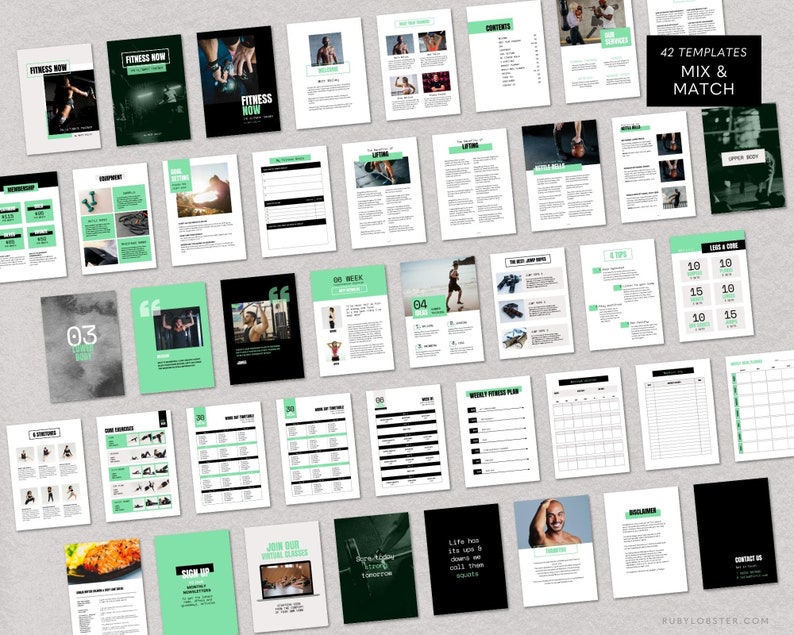 K&ouml;nnte beinhalten: Eine Sammlung von 42 druckbaren Fitness-Vorlagen in Schwarz, Wei&szlig; und Gr&uuml;n. Die Vorlagen umfassen eine Vielzahl von Designs, wie z. B. Trainingspl&auml;ne, Ern&auml;hrungspl&auml;ne und Fitness-Tracker. Der Text "42 Vorlagen Mix & Match" wird in der oberen rechten Ecke des Bildes angezeigt.