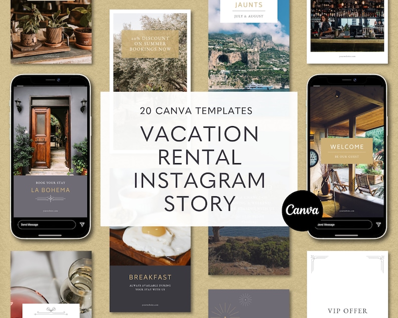 Pode incluir: 20 modelos Canva para hist&oacute;rias do Instagram de aluguel de f&eacute;rias. Os modelos apresentam imagens de uma placa de boas-vindas, um prato de caf&eacute; da manh&atilde;, uma vista de uma cidade e uma porta. O texto "Canva" &eacute; vis&iacute;vel na imagem.