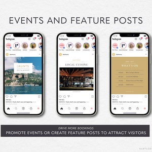 Op de afbeelding: Drie Instagram-telefoon schermafbeeldingen die verschillende evenementen en functies berichten voor een restaurant laten zien. De eerste post is een foto van een schilderachtig uitzicht met de tekst "JAUNTS JULI & AUGUSTUS". De tweede post is een foto van een restaurant interieur met de tekst "LOKALE KEUKEN". De derde post is een gouden achtergrond met de tekst "WAT IS ER AAN DE HAND" en een lijst met evenementen.