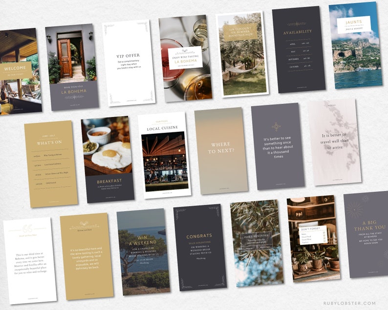 Pode incluir: Uma cole&ccedil;&atilde;o de 16 modelos de hist&oacute;rias do Instagram com v&aacute;rios designs e textos. Os modelos apresentam uma variedade de temas, incluindo boas-vindas, oferta VIP, o que est&aacute; acontecendo, caf&eacute; da manh&atilde;, culin&aacute;ria local, para onde ir em seguida, &eacute; melhor ver, &eacute; melhor viajar bem do que chegar, um fim de semana, parab&eacute;ns, um grande obrigado, viagens, disponibilidade e n&atilde;o se preocupe.