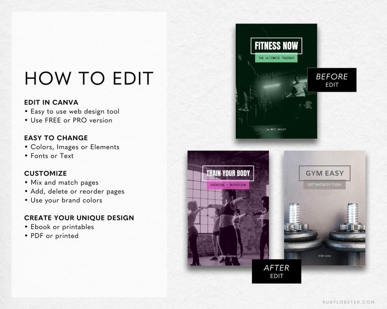 K&ouml;nnte beinhalten: Eine Anleitung zum Bearbeiten von E-Book-Covern mit Canva. Die Anleitung zeigt Vorher-Nachher-Beispiele von E-Book-Covern f&uuml;r Fitness und Training. Die Cover zeigen Bilder von Menschen, die trainieren und Gewichte heben.