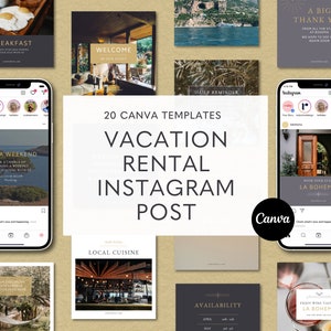 Op de afbeelding: 20 Instagram-posttemplates voor vakantieverhuur. De templates bevatten afbeeldingen van een ontbijtbuffet, een welkomstbord, een dagelijkse herinnering, een bedankbericht, een wedstrijd om een ​​weekendverblijf te winnen, een restaurant met lokale gerechten, een beschikbaarheidskalender en een wijnproeverij. De templates zijn ontworpen in een moderne stijl met een goud-zwart kleurenschema.