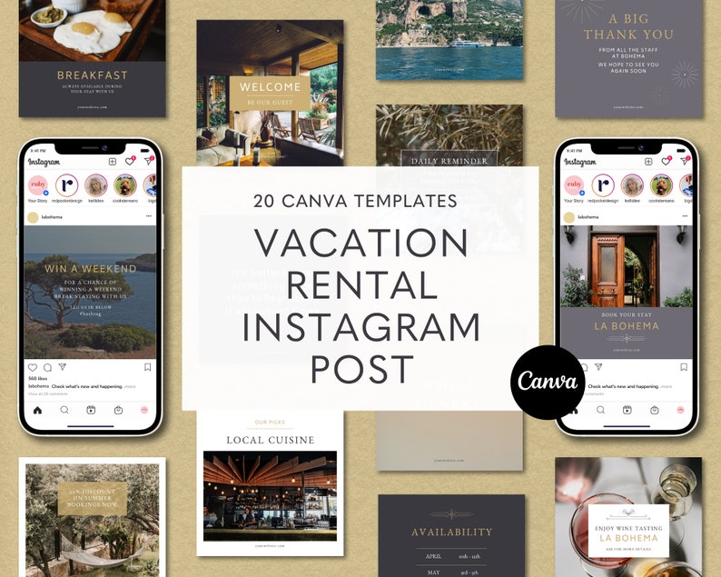 Op de afbeelding: 20 Instagram-posttemplates voor vakantieverhuur. De templates bevatten afbeeldingen van een ontbijtbuffet, een welkomstbord, een dagelijkse herinnering, een bedankbericht, een wedstrijd om een ​​weekendverblijf te winnen, een restaurant met lokale gerechten, een beschikbaarheidskalender en een wijnproeverij. De templates zijn ontworpen in een moderne stijl met een goud-zwart kleurenschema.