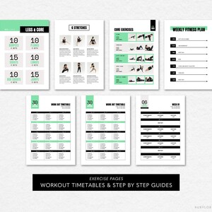 K&ouml;nnte beinhalten: Ein druckbarer Trainingsplan mit einem schwarz-gr&uuml;nen Farbschema. Der Plan beinhaltet einen w&ouml;chentlichen Fitnessplan, Core-&Uuml;bungen, Bein- und Core-&Uuml;bungen sowie 6 Dehn&uuml;bungen. Der Plan beinhaltet auch Trainingspl&auml;ne f&uuml;r 30 Tage und 6 Tage.