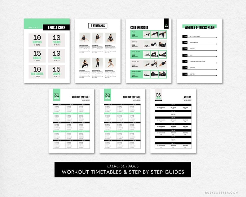 K&ouml;nnte beinhalten: Ein druckbarer Trainingsplan mit einem schwarz-gr&uuml;nen Farbschema. Der Plan beinhaltet einen w&ouml;chentlichen Fitnessplan, Core-&Uuml;bungen, Bein- und Core-&Uuml;bungen sowie 6 Dehn&uuml;bungen. Der Plan beinhaltet auch Trainingspl&auml;ne f&uuml;r 30 Tage und 6 Tage.