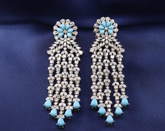 Long Turquoise Chandelier Dangle Earrings, Silver Tone Bridal Statement Jewelry