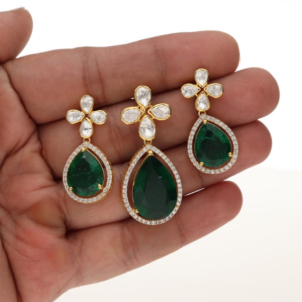 Lab Created Rose Cut Polki and  Green Emerald Necklace Pendant Earring Set , Women Polki Stone Jewelry