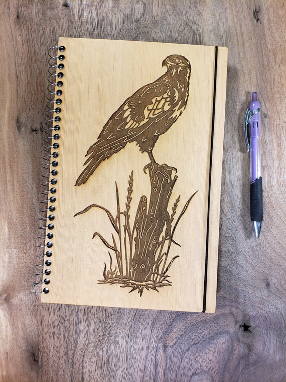 Laser Engraved Hawk Scene Wood Journal – Left-Hand Friendly