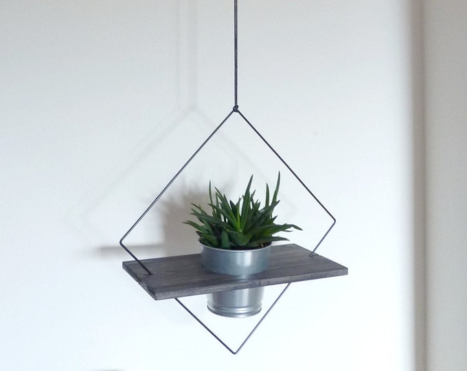 Large format indoor plant holder suspension - black or copper metal and oak wood