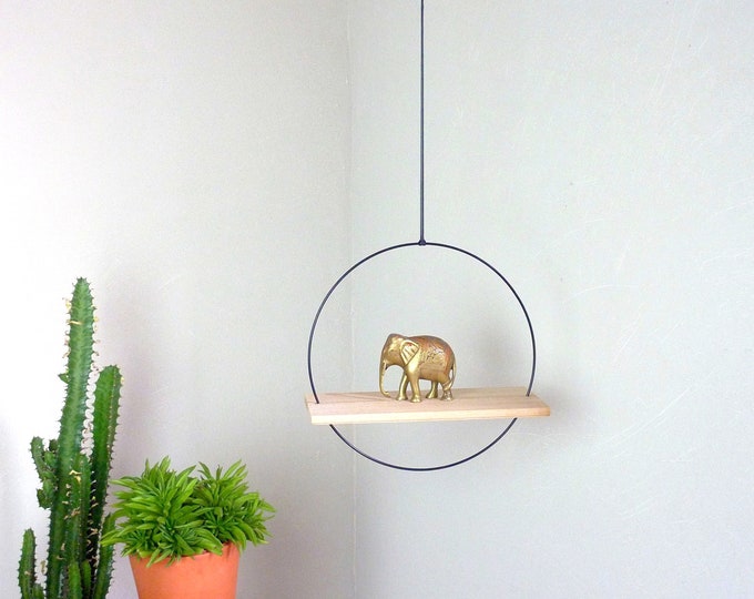 Small round hanging shelf - geometric display - black, white or copper metal and oak wood - decorative gift idea