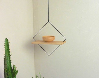 Estante colgante pequeño de alambre con forma de diamante - diseño geométrico - metal negro, cobre o blanco y madera de roble