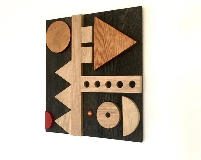 Relief wall painting - geometric wall decoration in wood collage on oak wood - handmade in France