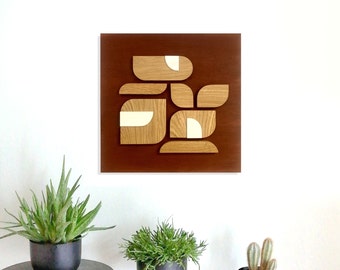 Relief wall decoration - Geometric painting in oak wood - unique piece handmade in France