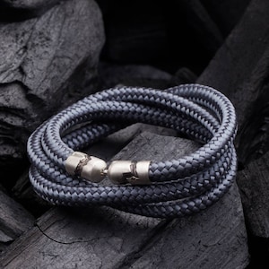 Paracord rope bracelet for men 925 Silver clasp Valentines gift for boyfriend Nordic simple design bracelet Brutal Stone textured bracelet