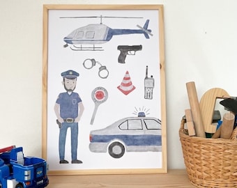 Poster Police A3 | Print | Children's poster | Art print | Children's room | child | Young boy | Illustration | Vehicles | Excavator || HEART & PAPER