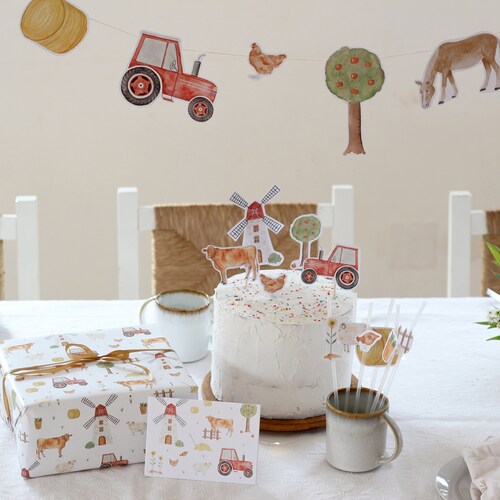 Großes Partyset "Bauernhof" | Party Deko Set Kindergeburtstag Mottoparty Cake topper Girlande Einladungen Geschenkpapier | HERZ und PAPIER