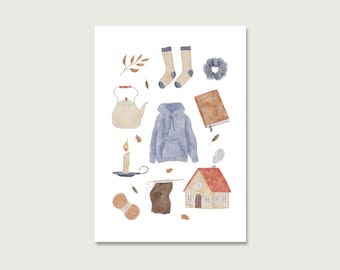 Postcard | "Collage Home" P_63 | Watercolor | Illustration | Reading | Comfortable | Book | Slow Living | Cozy | House || HEART & PAPER