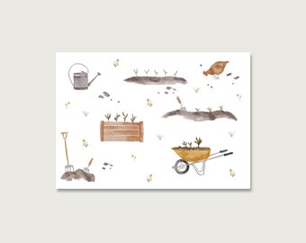 Postcards "Gardening" P_50 | Collage | Gardening | Chickens | Chicken | Garden | Watercolor | Water color | Illustration || HERZ & PAPIER