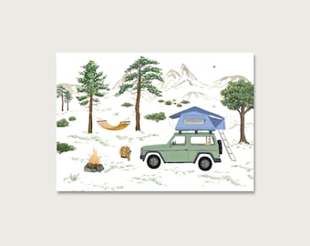 Cartolina "Tenda da tetto" P_100 | Acquerello | Tenda da tetto | Illustrazione | Campeggio | Tenda | Jeep | Natura | Camper || HEART & PAPER