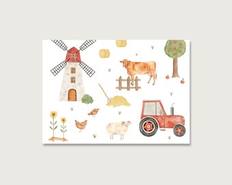 Carte postale "Ferme" P_76 | pour les enfants | Invitations | Invitation d'anniversaire | Tracteur | bouledogue | vache | Illustration |  || COEUR & PAPIER