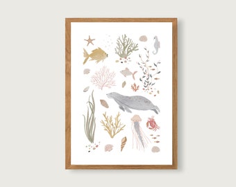 Poster "Sealife" A4 | Print | Children's poster | Art Print A4 | Children's room | Child | Baby | Illustration | Fish | Sea || HEART & PAPER