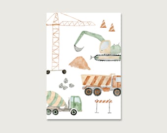 Carte postale "Chantier" P_55 | pour les enfants | Invitations | Invitation d'anniversaire | excavatrice | grue | Véhicules | Illustration | || COEUR & PAPIER