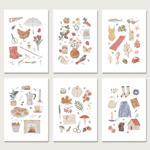 Ensemble de cartes postales de 6 « Collage » |  Automne | café| Automne | Été | Vie lente | Hygge | Aquarelle | Illustration || COEUR & PAPIER