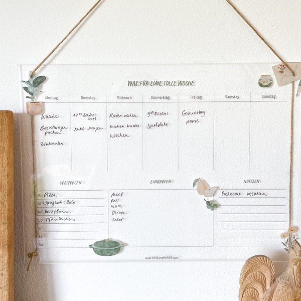 Weekplanner (A4 + 3 cm) van acryl | Weekplanner | Muurplanner 7 Menuplanner | Maaltijdplan | Organisatoren || HART & PAPIER