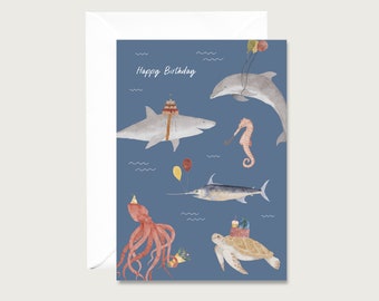 Karte zum Geburtstag "Fischparty" G_34 - Klappkarte | Aquarell | Illustration | Fische | Meerestiere | Neutral || HERZ & PAPIER