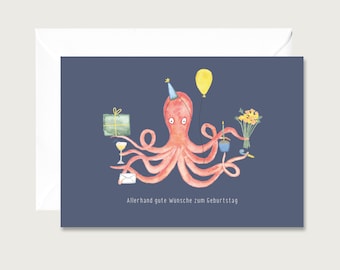 Birthday card "All kinds of good wishes" G_27 - folding card for a birthday | Octopus | Squid | Watercolor || HEART & PAPER