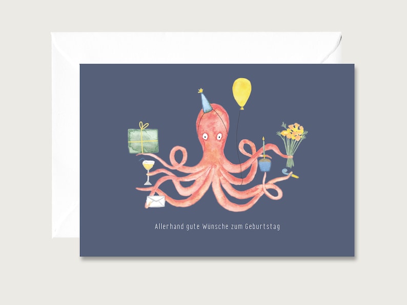 Geburtstagskarte Allerhand gute Wünsche G_27 Klappkarte zum Geburtstag Oktopus Tintenfisch Aquarell HERZ & PAPIER Bild 1