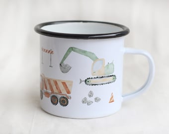 Emaille Tasse Baustelle | Becher | Kinderbecher | Kinder | Bagger | Fahrzeuge | Laster | Kran | Aquarell | Wasserfarbe || HERZ & PAPIER